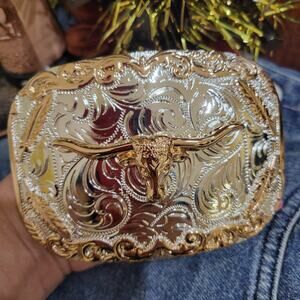 Longhorn Cowboy Belt Buckle Western HebillaSilver & Rosetone 4x3.5 Inch